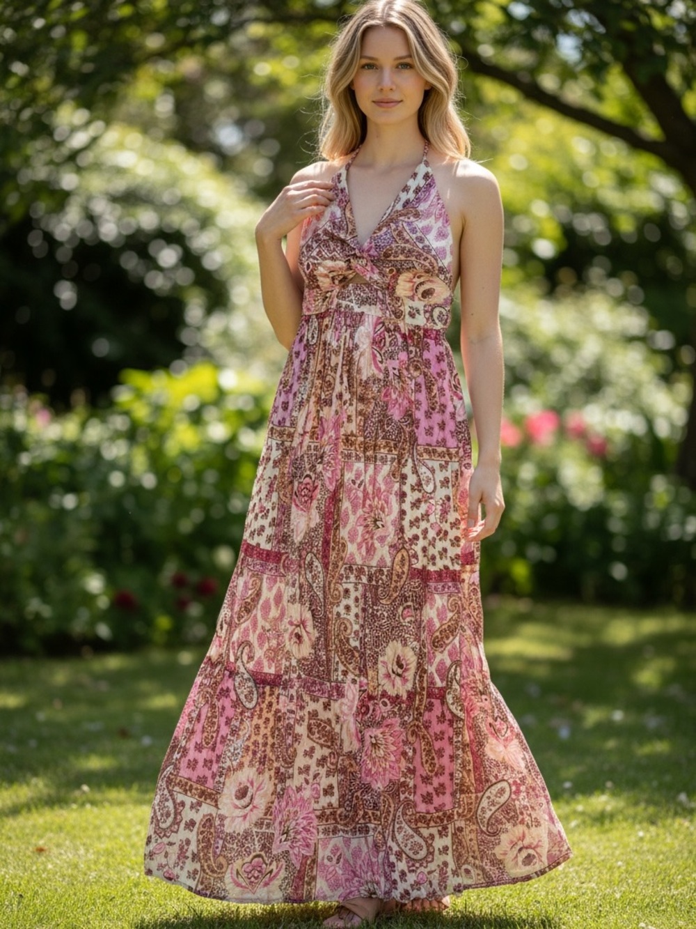 marstasio 100% rayon
Sleeveless, plunge, maxi silhouette, paisley print,